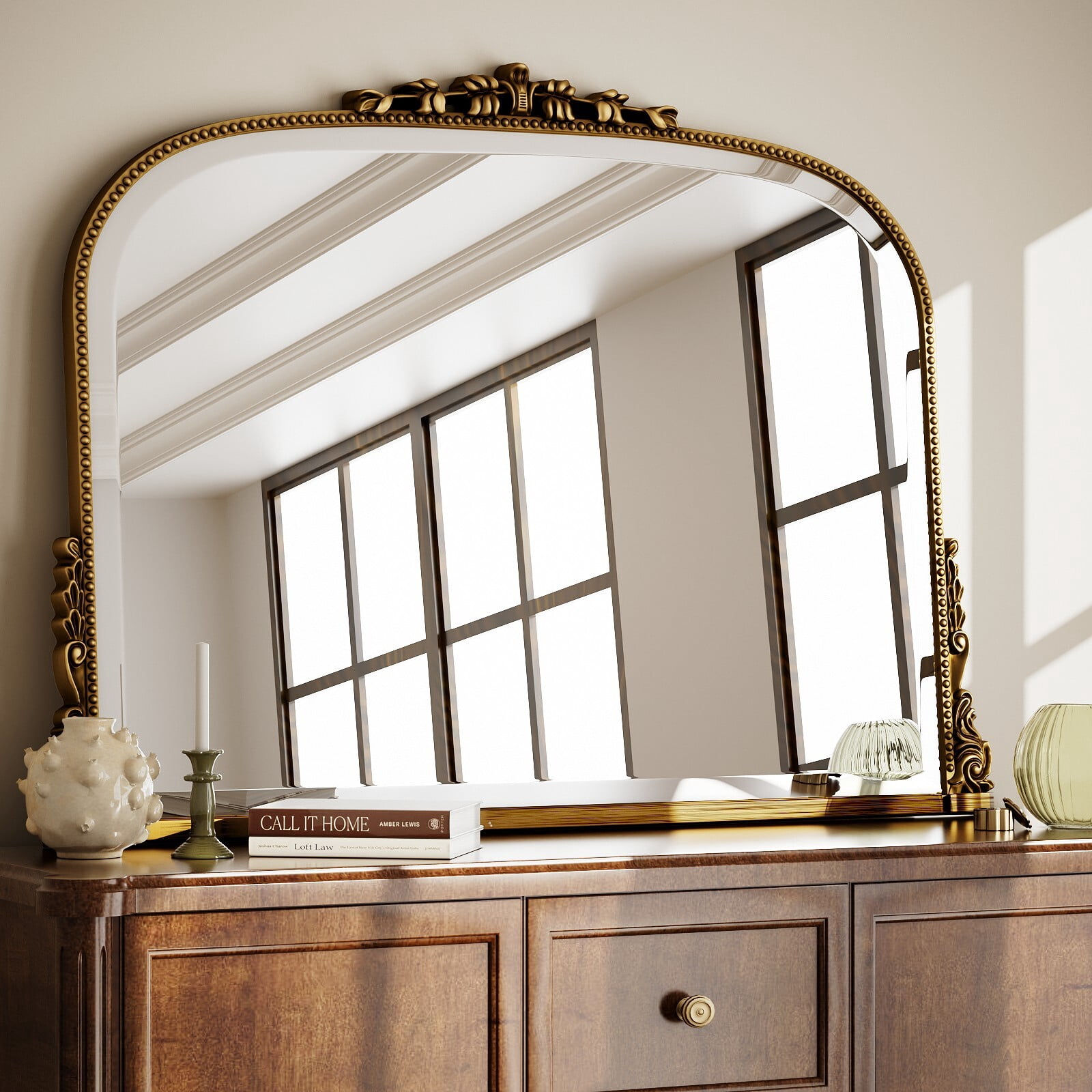 Clarvion 44"x32" Vintage Bathroom Mirror Arched Decorative Wall Mirror, Antique Gold