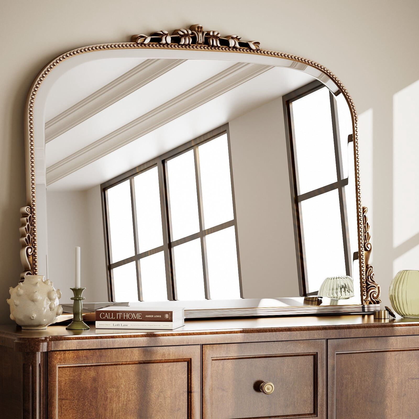 Clarvion 44"x32" Vintage Bathroom Mirror Arched Decorative Wall Mirror, Antique Silver