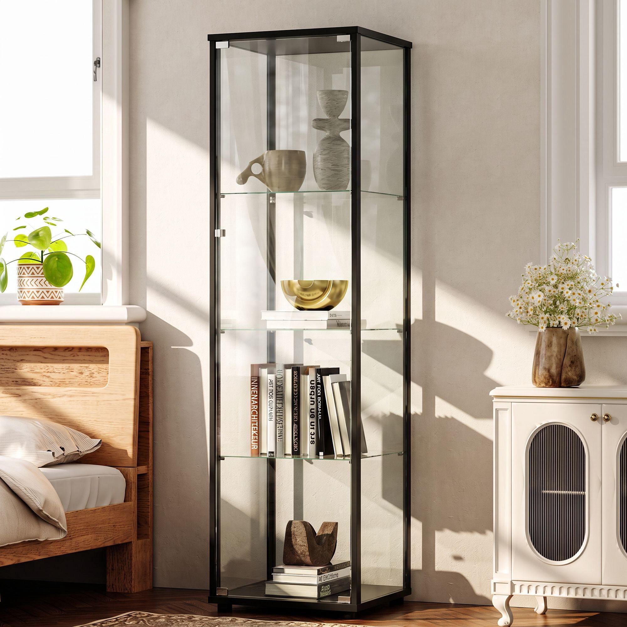 Clarvion 64" Display Cabinet with Glass Door, 4-Tier Tempered Glass Curio Cabinet, Single Door Display Case for Collectibles, Black