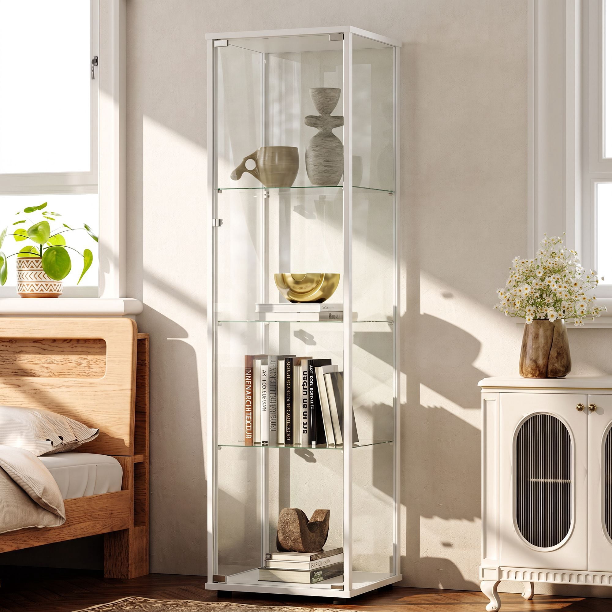 Clarvion 64" Display Cabinet with Glass Door, 4-Tier Tempered Glass Curio Cabinet, Single Door Display Case for Collectibles, White