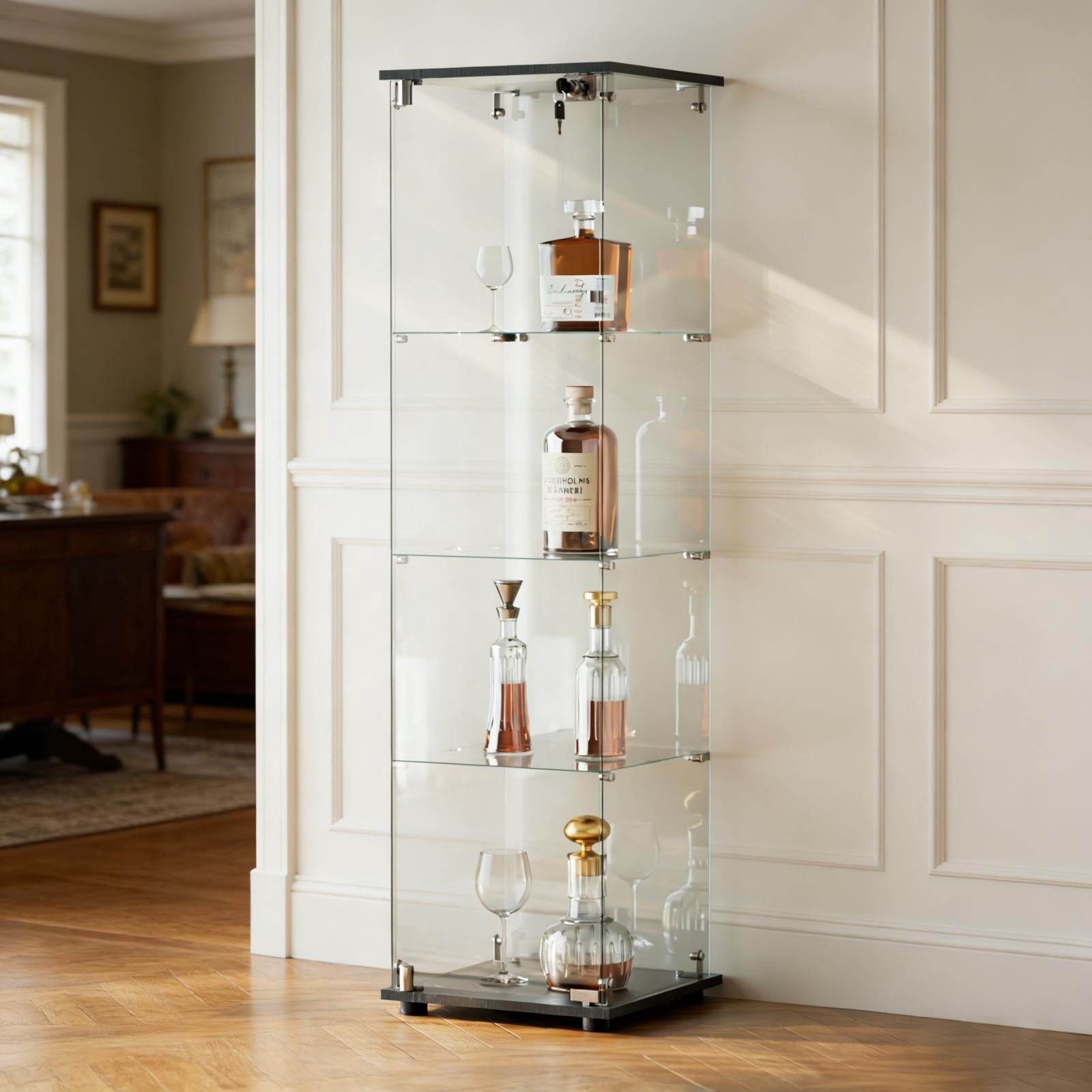 Clarvion 64" Tall Display Cabinet with Lock, 4-Tier Tempered Glass Display Case for Collectibles, Freestanding Single Door Showcase, Black