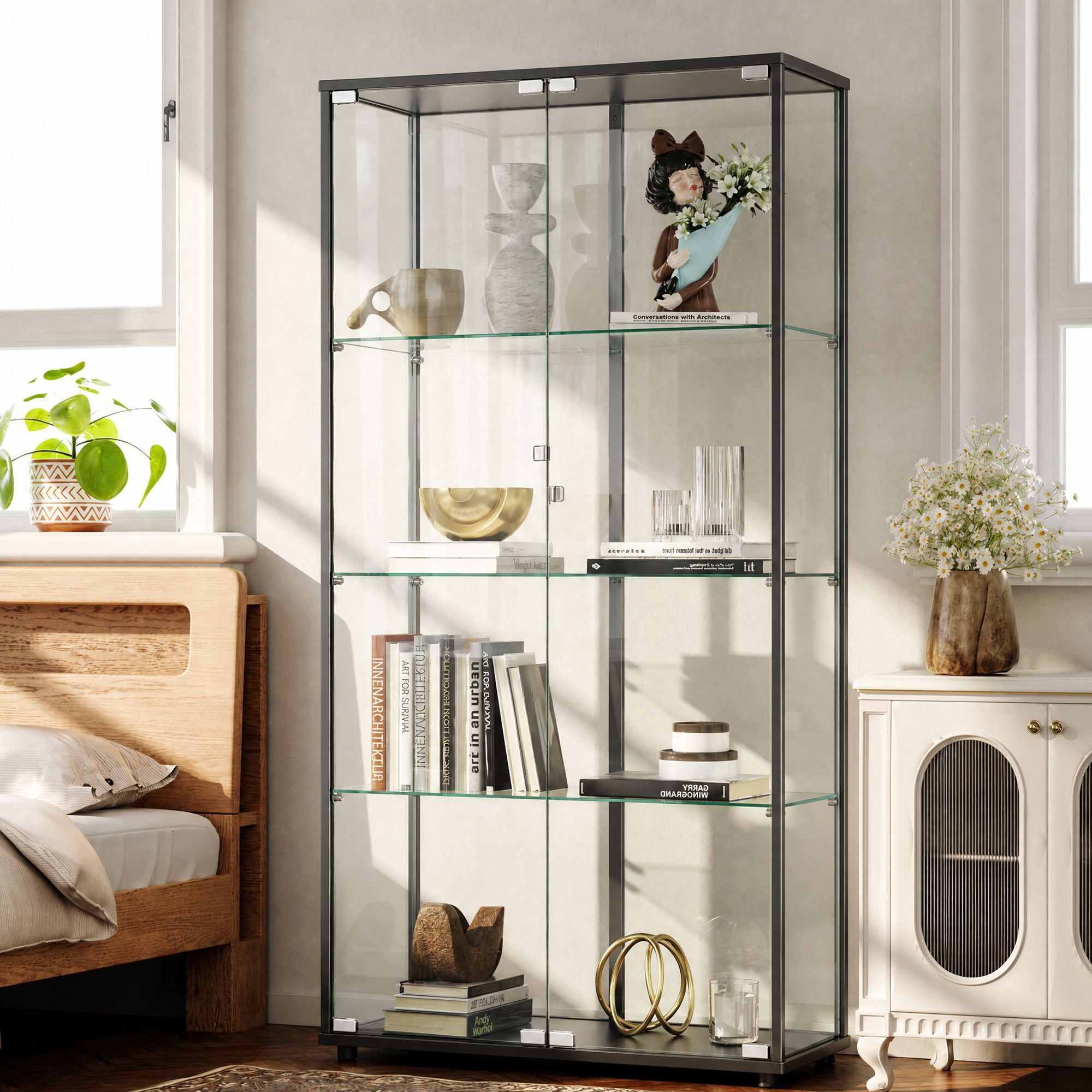 Clarvion 66" Display Cabinet with Glass Door, 4-Tier Tempered Glass Curio Cabinet, Double Door Display Case for Collectibles, Black