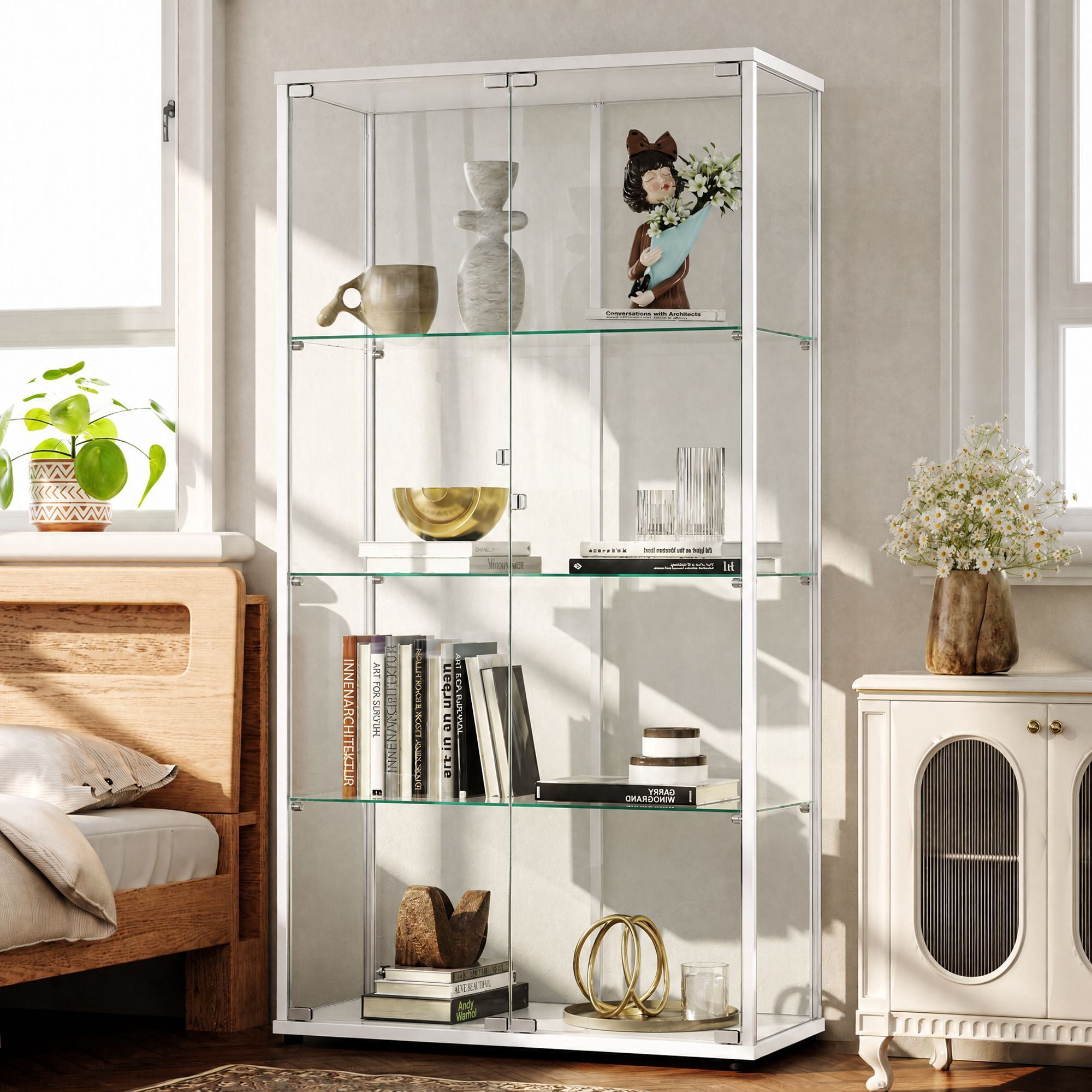 Clarvion 66" Display Cabinet with Glass Door, 4-Tier Tempered Glass Curio Cabinet, Double Door Display Case for Collectibles, White