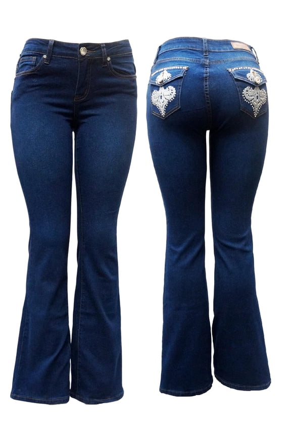 Premium Women's Boot cut Rhinestone Mid Rise Bootcut Stretchy Denim Jeans Pants