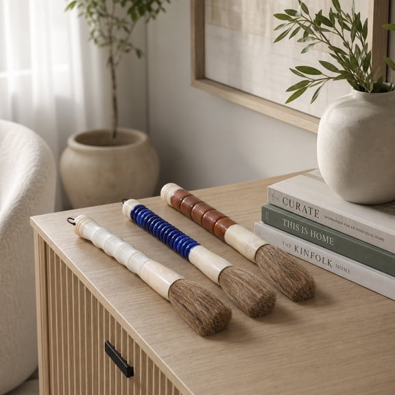 Clasic Brush Sculptures for Home and Bathroom Decor - Modern Calligraphy Brush for Office Shelf and Living Room Display - Stone Decorative Objects for Coffee Table Decor - Set of 3, 2", Green & Blue