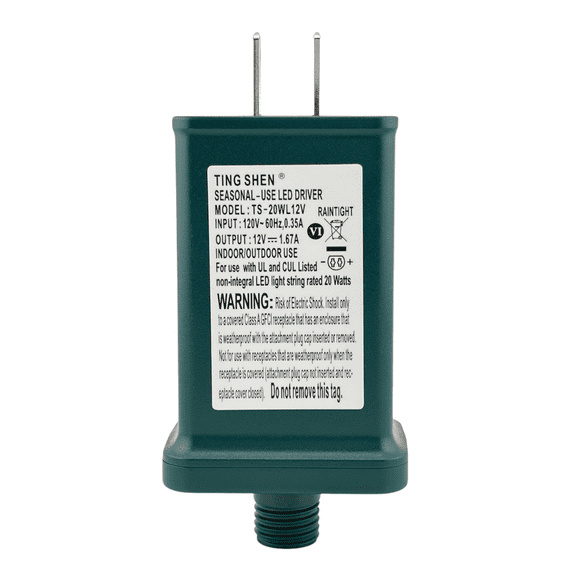 Class 2 LED Transformer for Christmas X-Mas Tree Lights, Holiday Lighting, LED String Light 12V 1.67A Power Supply 20W Raintight US Plug Power Adapter UL-Listed TS-20WL12V (Right Positive)