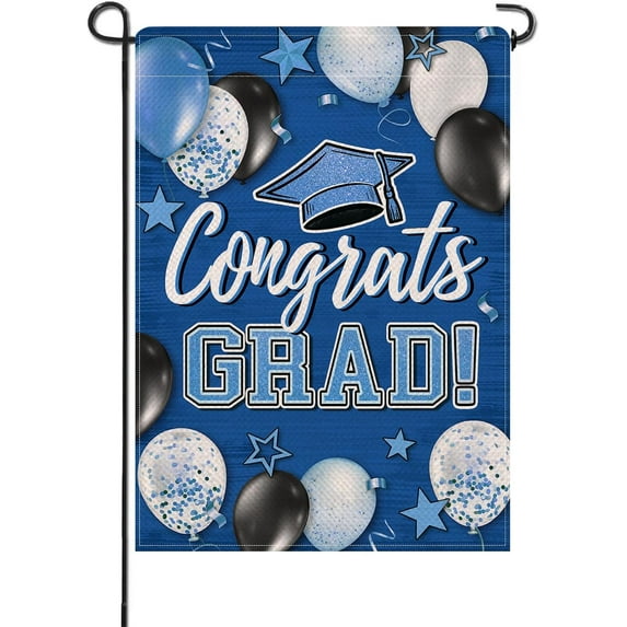 Class of 2024 Congrats Grad Small Decorative Garden Flag, Blue Graduation Cap Balloon Yard Lawn Outside Decor, High School College Burlap Outdoor Home Decoration Double Sided 12.5 x 18