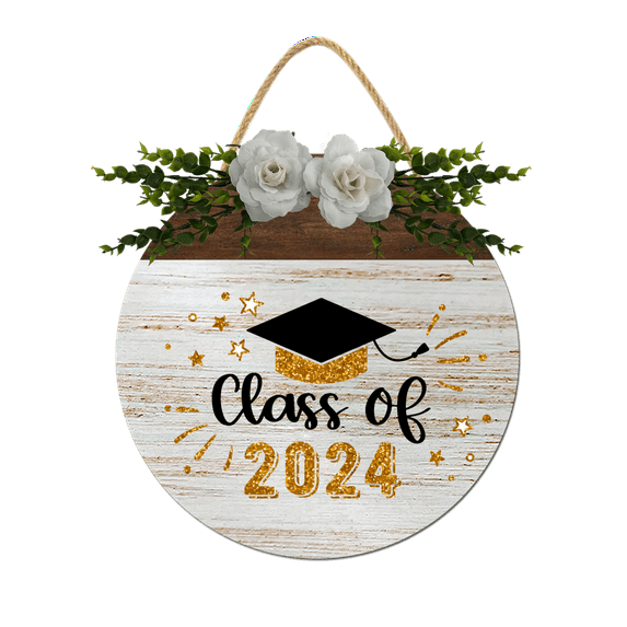 Class Of 2024 Graduation Wreath Sign for Front Door,Horizontal Round Door Wreaths,Housewarming Gift Farmhouse Wood Door Hanger for Home Decor Indoor and Outdoor, Classroom, Yard, Porch Décor