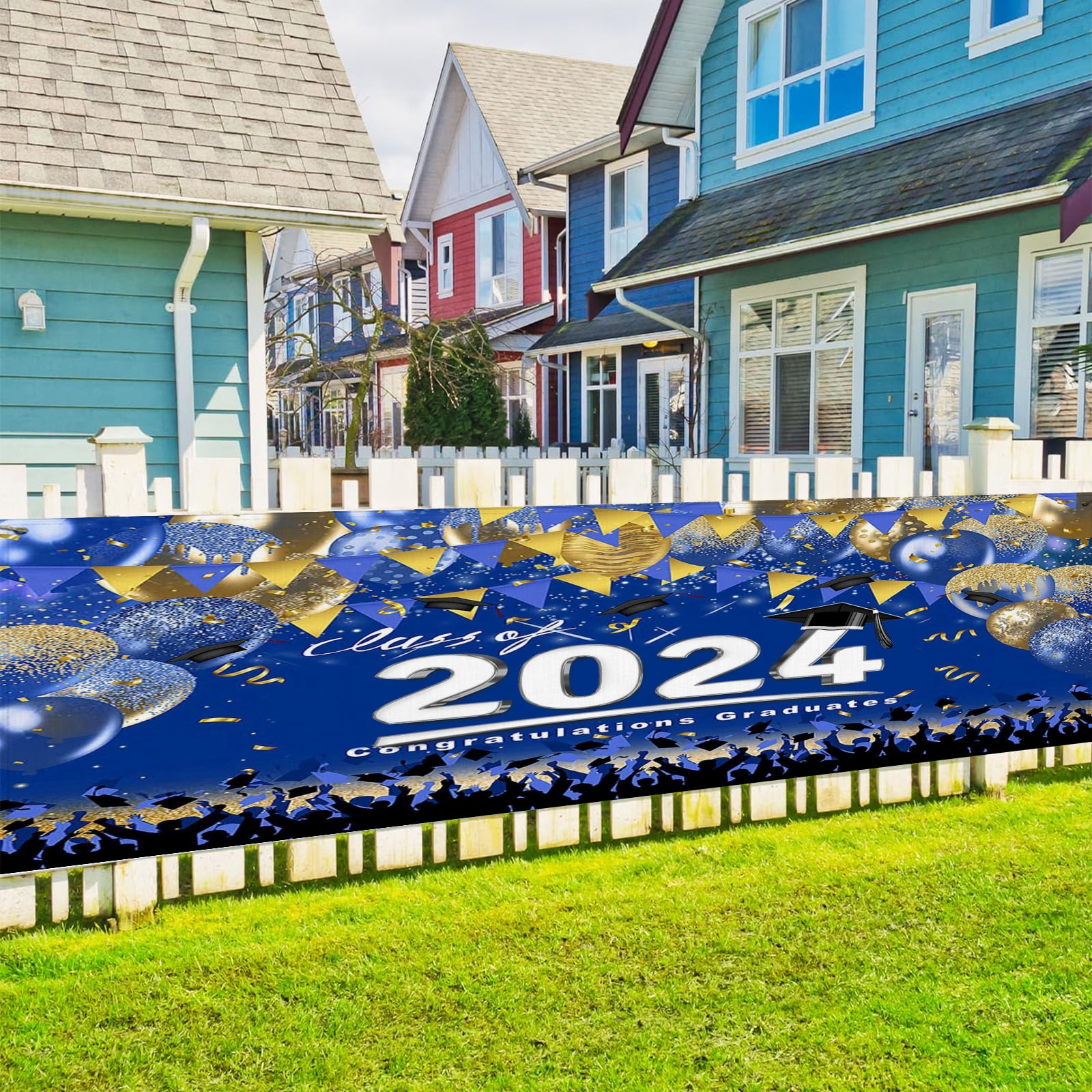 Class of 2024 Party Photography Backdrop Royal Blue and Silver Congrats