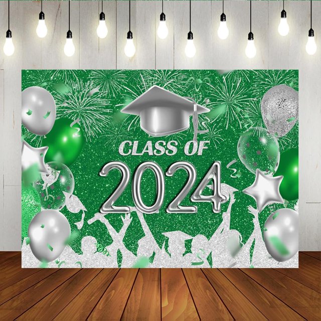 Class of 2024 Photography Backdrop Green and Silver Congrats Grad