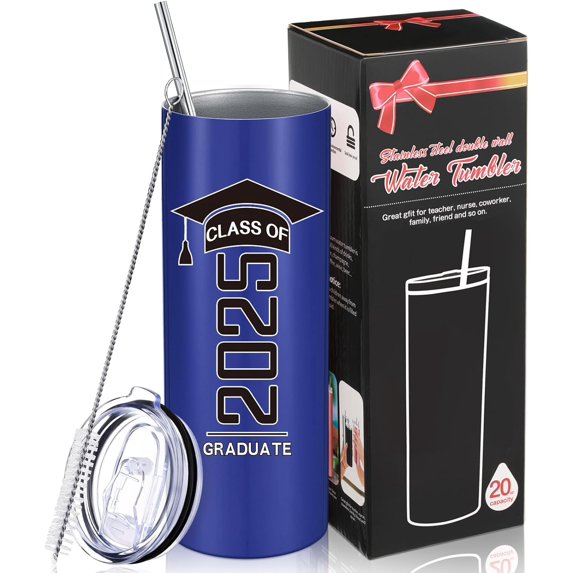 Class of 2025 Graduate Travel Mug for Her Him, Inspirational Graduation Gifts for College High School Student, 20 oz Insulated Water Tumbler with Straw Lid Brush(Dark Blue)