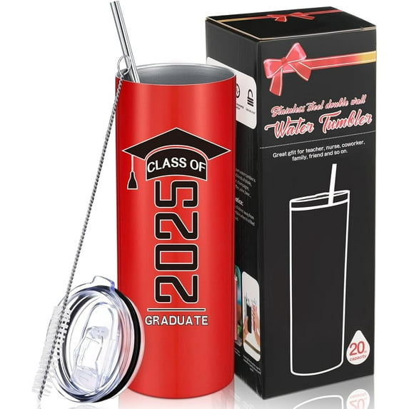 Class of 2025 Graduate Travel Mug for Her Him, Inspirational Graduation Gifts for College High School Student, 20 oz Insulated Water Tumbler with Straw Lid Brush(Red)