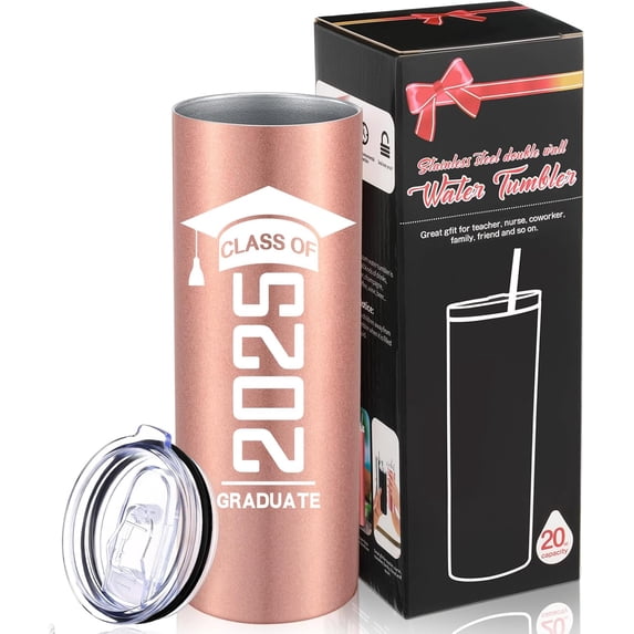 Class of 2025 Graduate Travel Mug for Her Him, Inspirational Graduation Gifts for College High School Student, 20 oz Insulated Water Tumbler with Straw Lid Brush(Rose Gold)