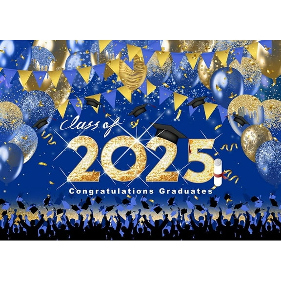 Class of 2025 Graduation Backdrop Blue and Gold Balloons Congratulations Graduates Background Congrats Grad College Prom Party Banner Photo Booth Props