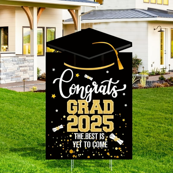 Class of 2025 Graduation Yard Sign - 2D Flat, Red & Golden "Congrats Grad" Lawn Decoration, Durable Plastic, Easy Install, Outdoor Graduation Party Celebration Accessory