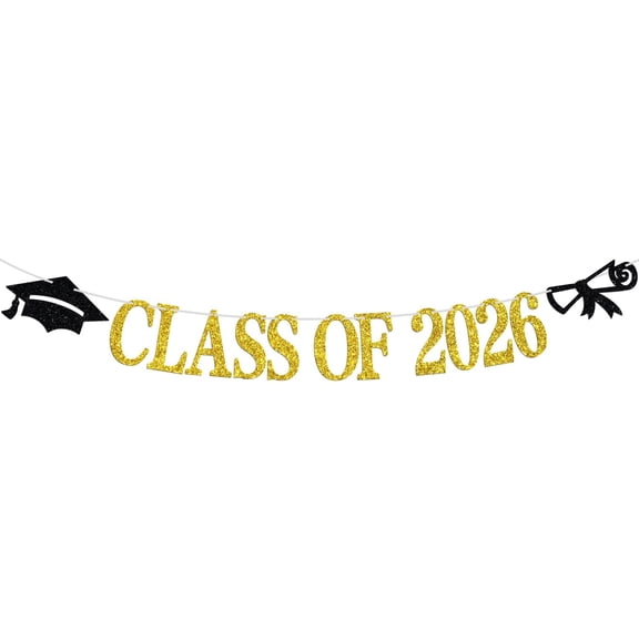Class of 2026 Banner, Congrats Grad Bunting Sign for 2026 High School College Graduation Bachelor Master Party Decorations Supplies, Black and Gold Glitter
