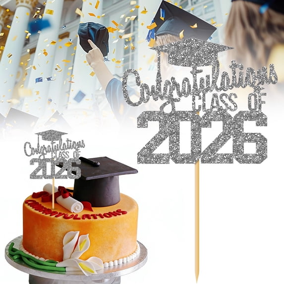 Class Of 2026 Cake Topper, Congratulations 2026 Graduation Cake Topper, Congrats Grad Party Decor, College Graduation Party Decorations Silver Glitter