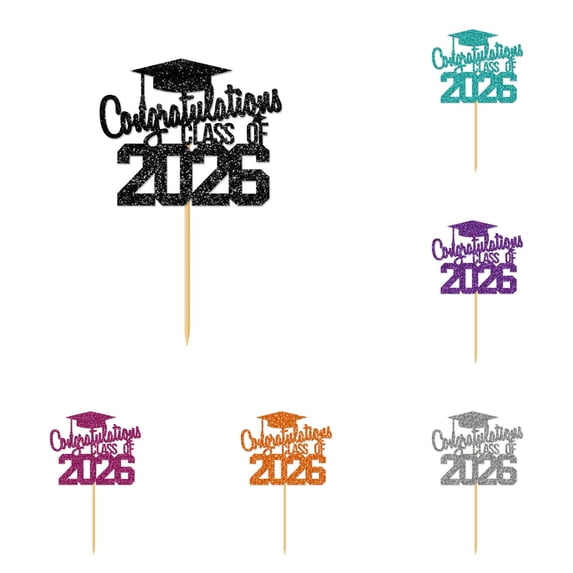 Class of 2026 Cake Topper Congratulations Grad Glitter Decor, 2026 Graduation Cake Decorations for High School College Party, Finish School Celebration Gift and Party Supplies, 6PCS