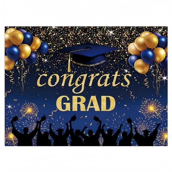 Class of 2026 Congrats Grad Backdrop Banner, Royal Blue and Gold Glitter Cap Balloon Congratulations Graduation Party Decoration Photo Studio Background,95*71Inch