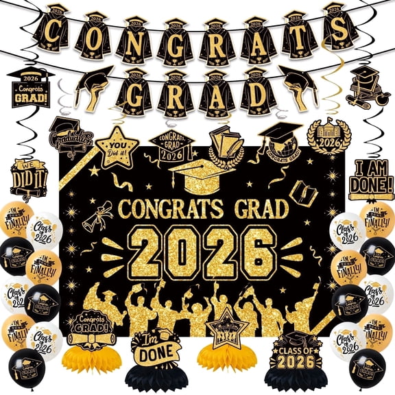 Class Of 2026 Decorations, Congrats Grad Decorations, Graduation Decorations Banner, Hanging Swirl, Balloons, Honeycomb Supplies, Complete Party Supplies for High School & College Celebrations