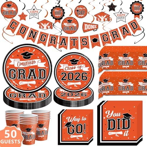 Class of 2026 Decorations, Disposable Graduation Party Supplies for 50 Guests, 2026 Orange Graduation Decorations Tableware Set, Congrats Grad Banner and Hanging Swirls