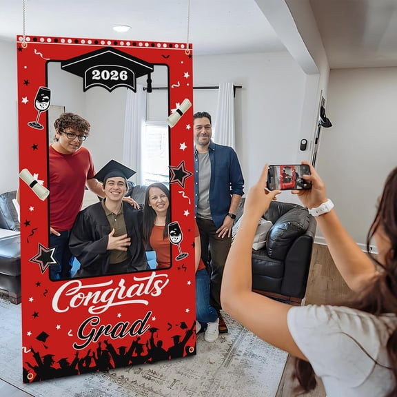 Class of 2026 Easy Setup Portable Graduation Photo Booth Backdrop, Gold Black Grad Party Decor Background, Lightweight Grad Prop for High School College Indoor Outdoor Group Photos