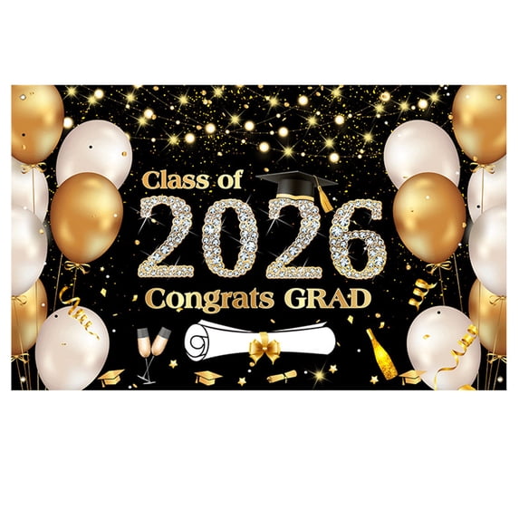 Class of 2026 Graduation Backdrop 6x3.6ft Black Gold Congrats Grad Banner for Photography Graduation Ceremony Party Decorations with Balloons Cake Table Banner Photo Booth Props