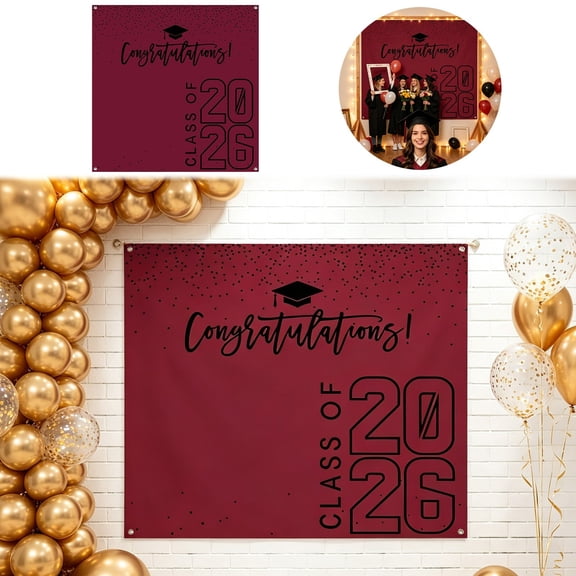 Class of 2026 Graduation Backdrop 6x6Ft Maroon Congrats Grad Polyester Photo Booth Banner Weather Resistant Party Decor for High School & College Graduation Red