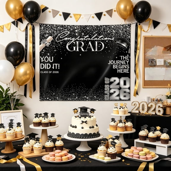 Class Of 2026 Graduation Backdrop Banner 6x6ft Black Congrats Grad Vinyl Photo Booth Background Large Grad Party Wall Decor for 2026 Graduate Celebrations