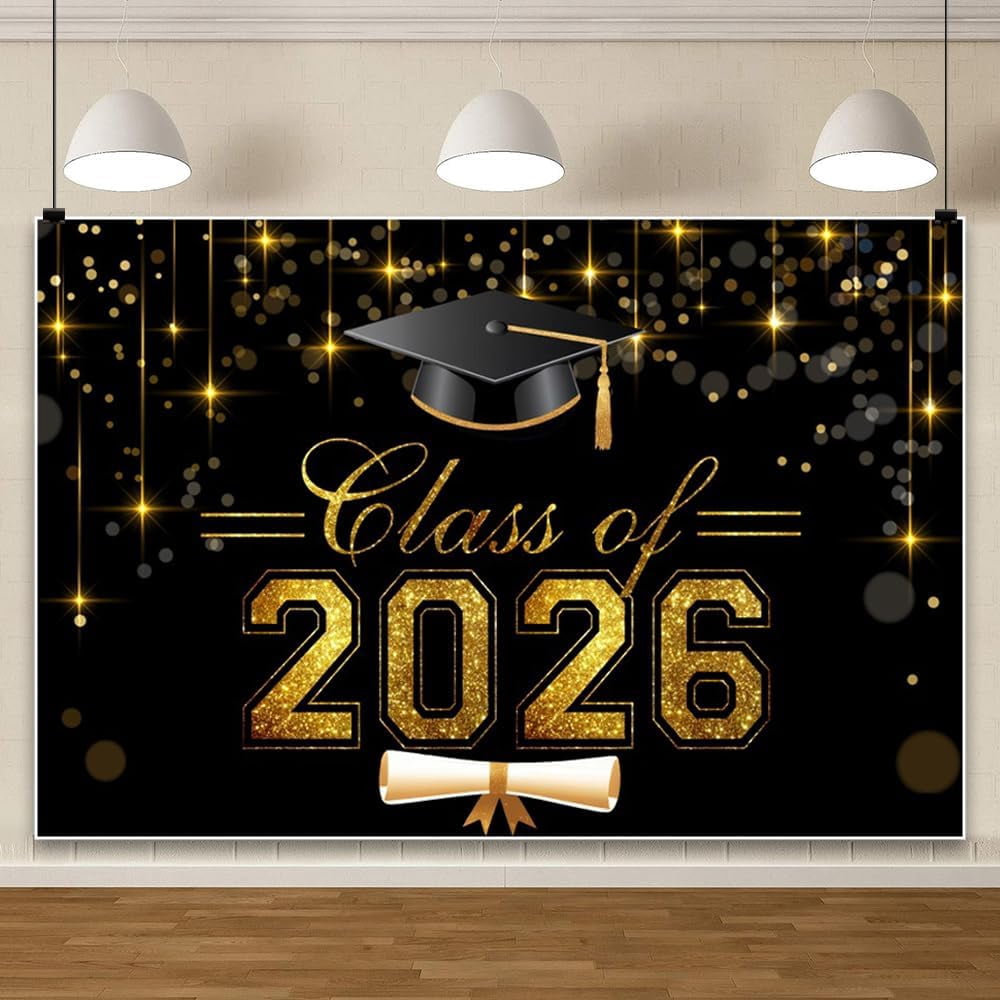 Class of 2026 Graduation Backdrop Black Gold Glitter Photography ...