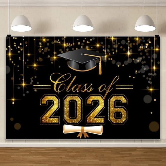 Class of 2026 Graduation Backdrop Black Gold Glitter Photography Background Congrats Grad Banner Decor for Graduation Party Prom Celebration Photo Booth Props