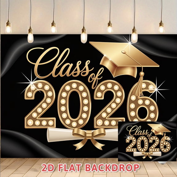 Class of 2026 Graduation Backdrop, Black and Gold Graduation Party Decorations, Suitable for Graduation Ceremony, Photo Booth, Party Wall Decor, Graduation Celebration Supplies