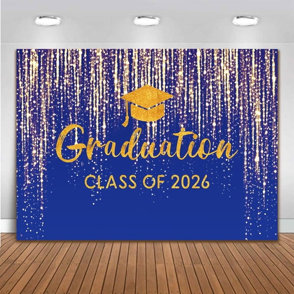 Class of 2026 Graduation Backdrop Blue Golden Glitter Congrats Grad Background Congratulations Graduates Party Decorations Banner Supplies Photo Booth Props