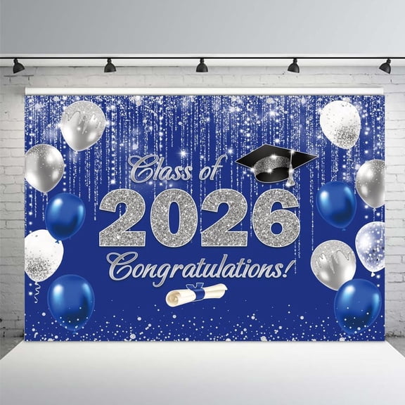 Class of 2026 Graduation Backdrop Blue and Silver Congrats Grad Background Congratulations Graduate Party Decorations Banner Supplies Photo Booth Props