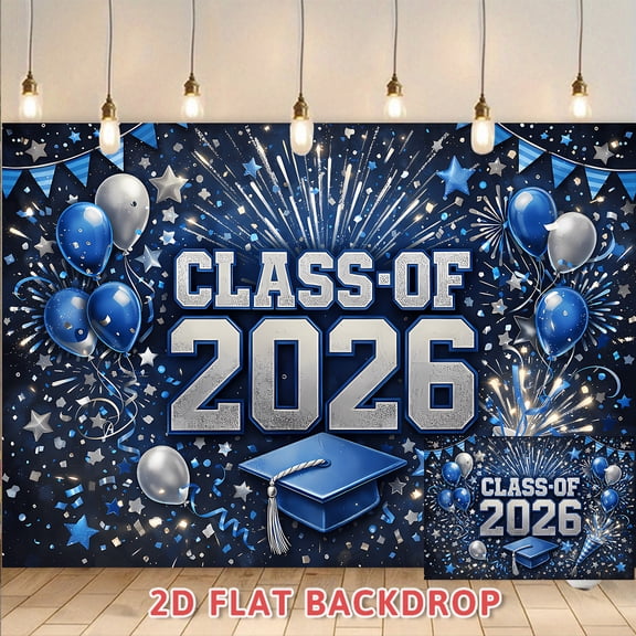 Class of 2026 Graduation Backdrop Blue Silver Graduation Party Decorations Photography Background Banner for Graduation Ceremony Party Photo Booth Wall Decorations