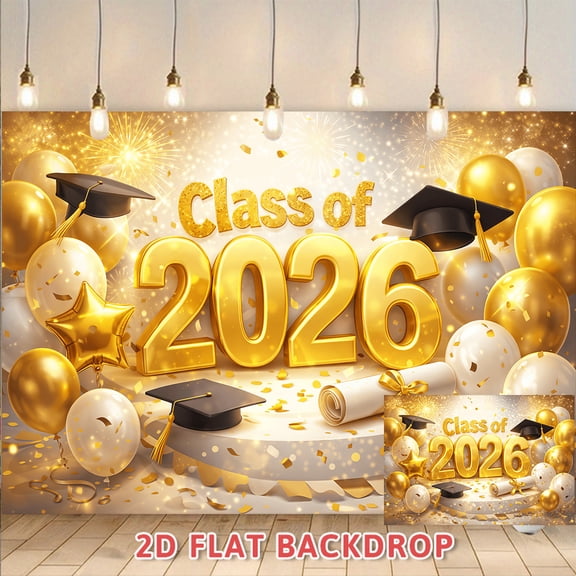 Class of 2026 Graduation Backdrop, Gold and White Glittery Photography Background with Grad Caps and Balloons, Perfect for Graduation Parties, Ceremony Decorations