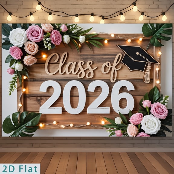 Class of 2026 Graduation Backdrop Pink White Rose Congratulations Graduate Rustic Wood Tropical Green Leaves Congrats Grad Party Decorations Banner Photo Booth Props