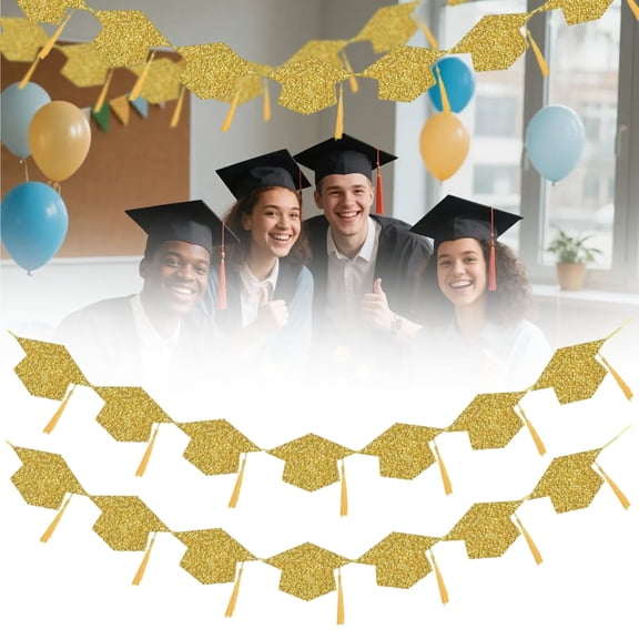 Class of 2026 Graduation Banner 2 Pack,Black Glitter Mortar Board with Gold Tassels,Pre-Strung Congrats Grad Hanging Decorations for College High School Party,14 Pieces Total with 9.84ft Hemp Rope