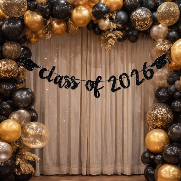 Class Of 2026 Graduation Banners Party Decorations, Black Glitter Graduation Banners Garland For Congratulation Graduations Party Supplies, School, Home, Car Decorations Home Decor