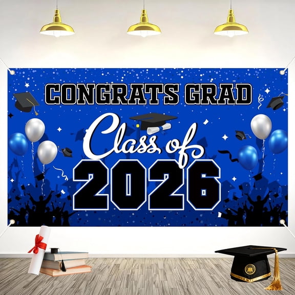 Class of 2026 Graduation Decorations Banner Blue, Royal Blue Fabric Backdrop (Not Plastic), Congrats Grad Photo Background with Grommets for High School College Party Supplies (63x35 Inch)