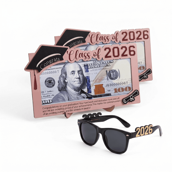 Class of 2026 Graduation Gift Set, 2026 Graduation Sunglasses & Wooden Money Holder, Grad Cash Stash Box for High School College Graduation Party Favors