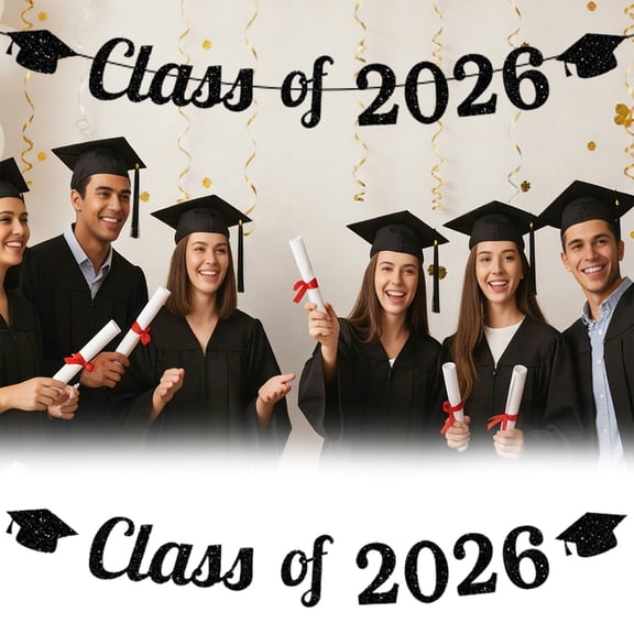 Class Of 2026 Graduation Glitter Banner With Grad Cap Accent Blue Gold Black Streamer Swirl Decorations 2026 Grad Party Hanging Decor Photo Booth Backdrop For High School College Graduation