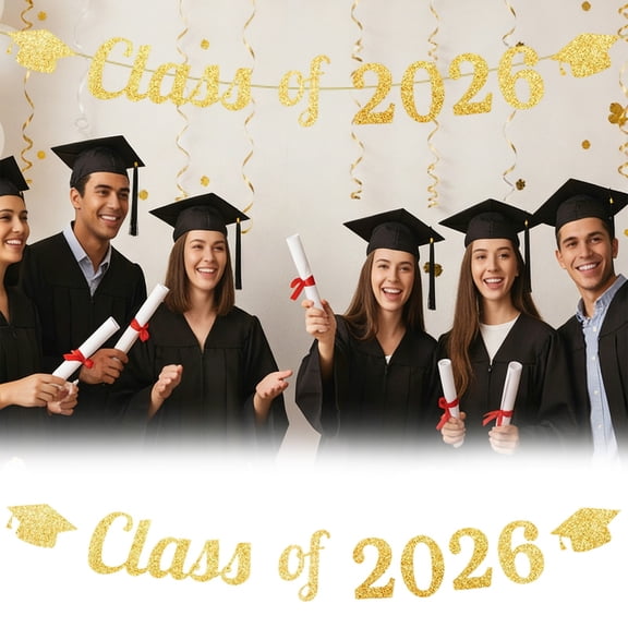 Class Of 2026 Graduation Glitter Banner With Grad Cap Accent Blue Gold Black Streamer Swirl Decorations 2026 Grad Party Hanging Decor Photo Booth Backdrop For High School College Graduation