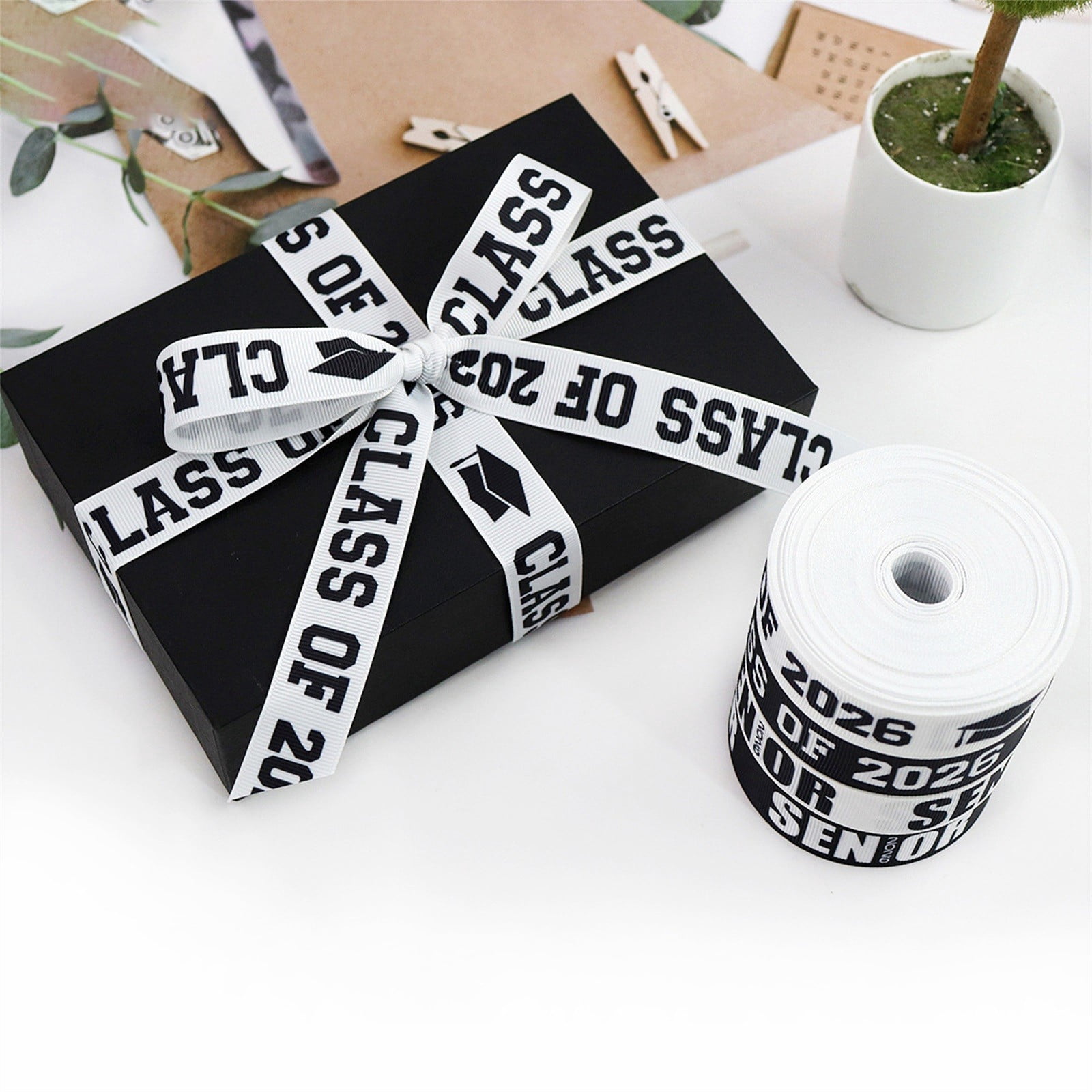 Class of 2026 Graduation Grosgrain Ribbon, Black & White Senior Printed ...