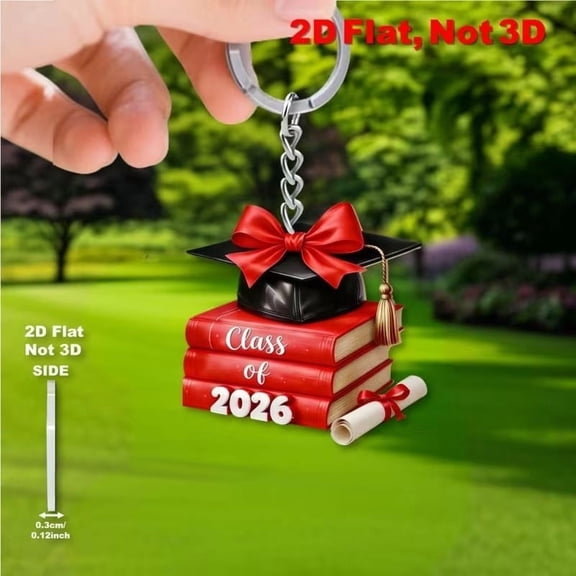 Class Of 2026 Graduation Keychain, Acrylic Book Stack Shape, 2D Graduate Keyring for Student, Gold or Silver Tone, Keepsake Gift for High School College Grad, Lightweight and Durable