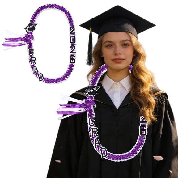 Class of 2026 Graduation Lei, Handmade Double Braided Necklace with Tassels and Grad Cap, Durable Satin Lei for Graduation Party, Ceremony and Photo Keepsake Accessory, White and Purple