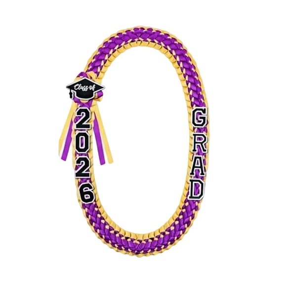 Class of 2026 Graduation Leis Handmade Ribbon Lei Double Braided Necklace with Grad Letters 47 Inch Gold Purple for High School College Graduates Senior Gift