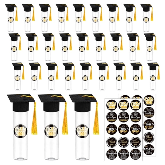 Class of 2026 Graduation Party Favors Candy Boxes, 30 Pcs Grad Cap Jars with Tassels and Stickers for Senior Night, Creative Graduation Season Table Party Favor Container,Black