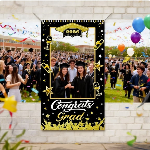 Class of 2026 Graduation Photo Booth Props Frame, 71 x 39 Inch Black and Gold Cutout Backdrop, Square Hole for Face, Large Congratulations Banner for High School College Party Selfie