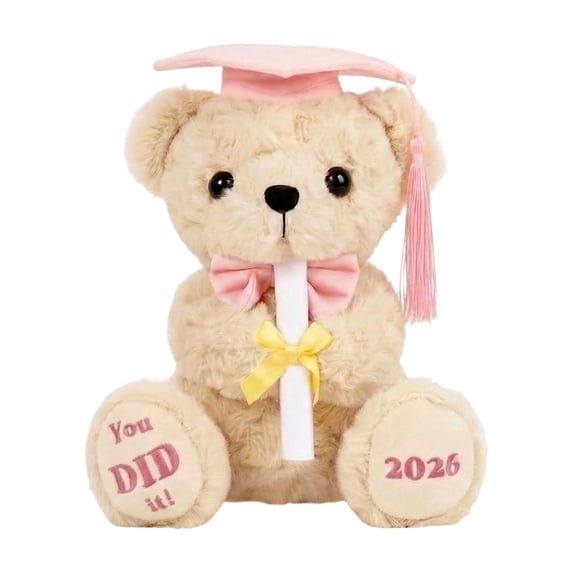 Class of 2026 Graduation Stuffed Bear, 7 Inch Soft Graduation Plush Toy, Adorable Bear with Pink Grad Cap, Pink Bow Tie & Diploma, Graduation Keepsake for Girls